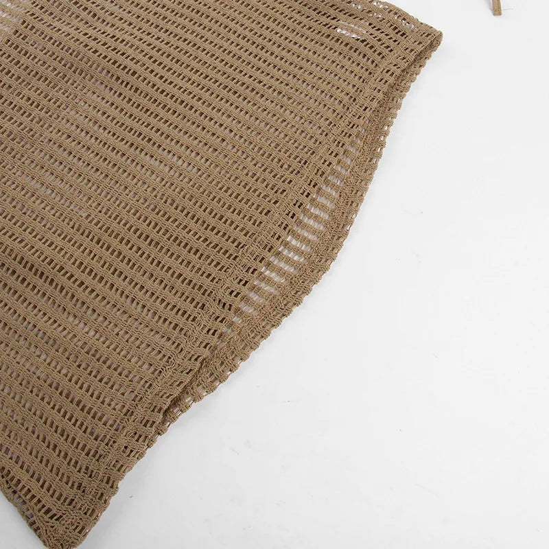 MQTIME  -  V Neck Backless Beach Mini Dress For Women Knitted Fishnet See Through  Long Sleeve Club Sexy Elastic Casual Party Vestidos