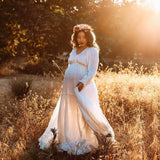 MQTIME  -  Photography Dress For Women Comfortable Linen Cotton Long Sleeved V-neck Dress Maternity Dresses For Photo Shoot Dress