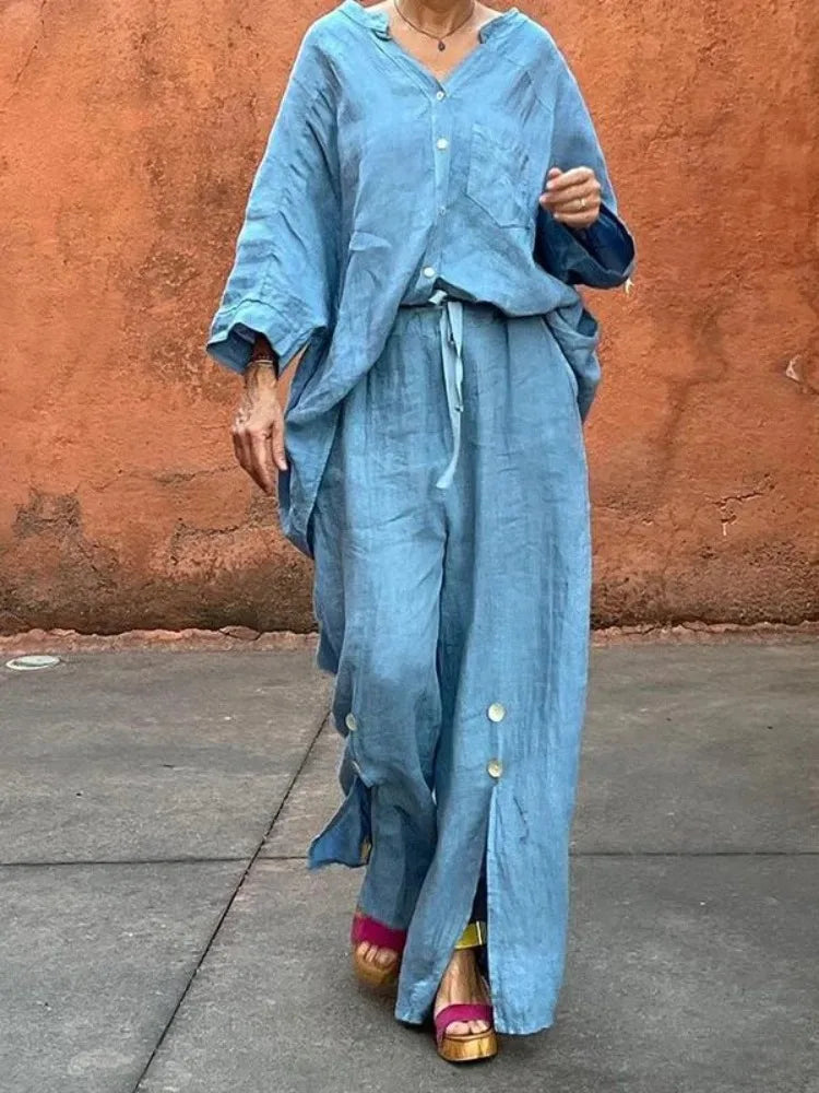 MQTIME  -  Women's Blue Flowy Wide Leg Pants Drawstring Elastic Waist Split-front Wide Leg Trousers Summer Casual Bottoms