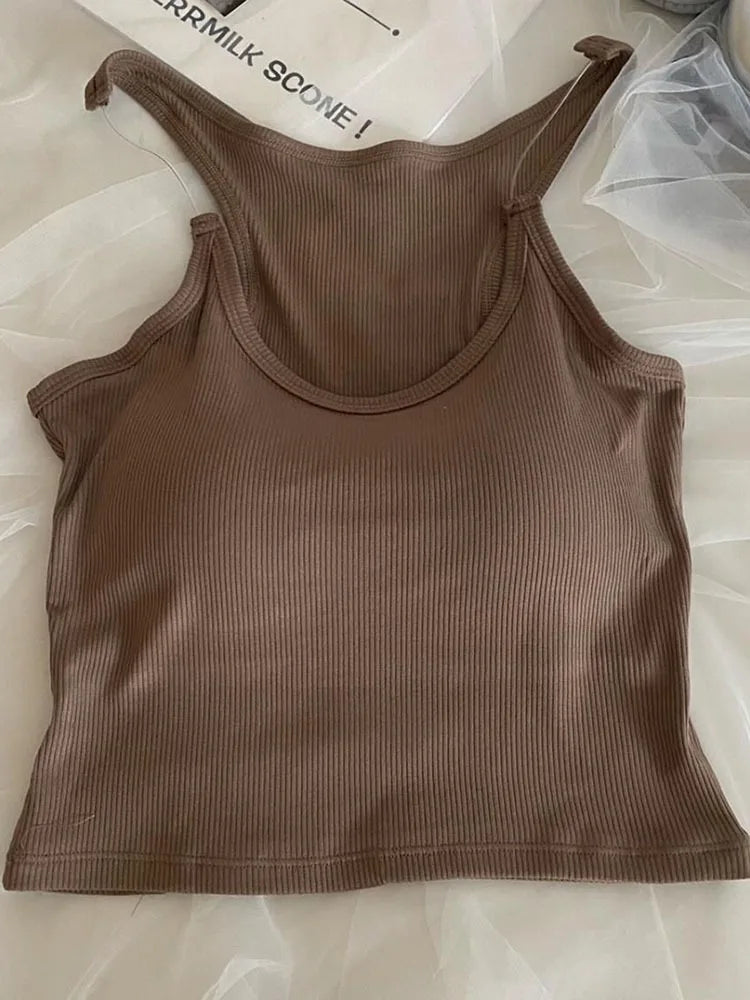 MQTIME  -  Invisible Strap Tank Top For Women Knit Ribbed Sleeveless Basic T-Shirt Cropped Corset Bustier Tops With Open Shoulder