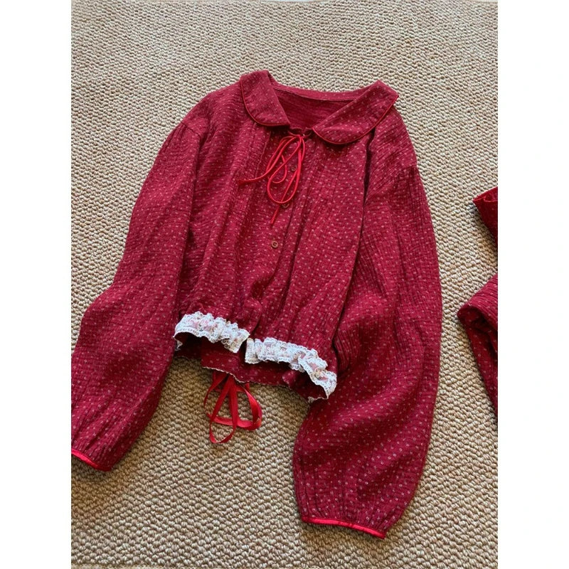 MQTIME  -  French Retro Red Floral Pajamas Women's Spring and Autumn Festive Loungewear Two-piece Set Comfortable Breathable Skin-friendly