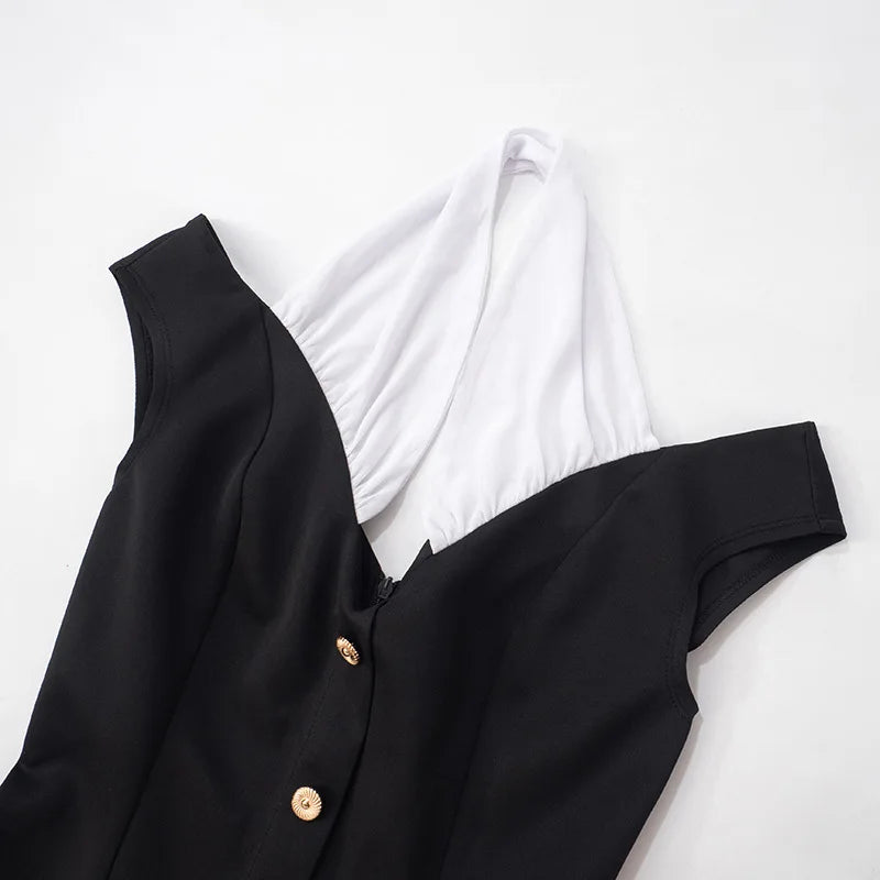 MQTIME  -  Black and White Patchwork Halterneck Mini Dress Elegant Outfits Button Up A Line Dresses Summer Y2k Woman New