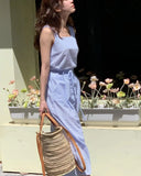 MQTIME  -  Refreshing Summer Style Square Neck Blue Stripe Sleeveless Tank Top Paired With High Waist Slim Skirt Two Piece Set