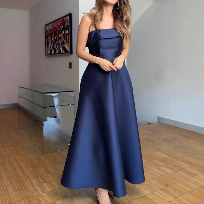 MQTIME  -  2025 Summer Retro Style Satin Spaghetti Strap Evening Dress Fashion High Waist A-line Ruched Banquet Gowns for Laies