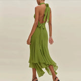 MQTIME  -  Sexy Hanging Neck Solid Evening Dress Summer Fashion Sleeveless Birthday Long Dress Elegant Draped Lace-Up Party Women Dresses