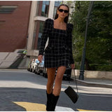MQTIME  -  Tweed Plaid Elegant Long Sleeve Mini Dress Women Square Collar High Waist 2025 Autumn Casual Dresses Party Evening Lady Robe