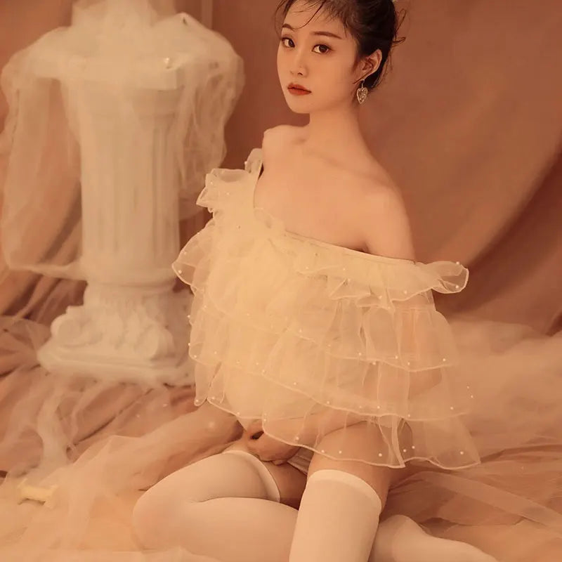 MQTIME  -   Sexy Shoulderless Bodysuit Rulles Tulle Pregnancy Dress White Maternity Photography Dresses for Photo Shoot Prop Accessories