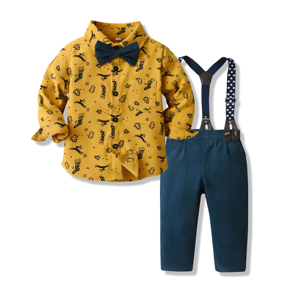 MQTIME  -  Christmas Toddler Kids Boys Gentleman Clothing Sets Long Sleeve Cartoon Bowtie Casual Shirts+Suspenders Pants Outfit
