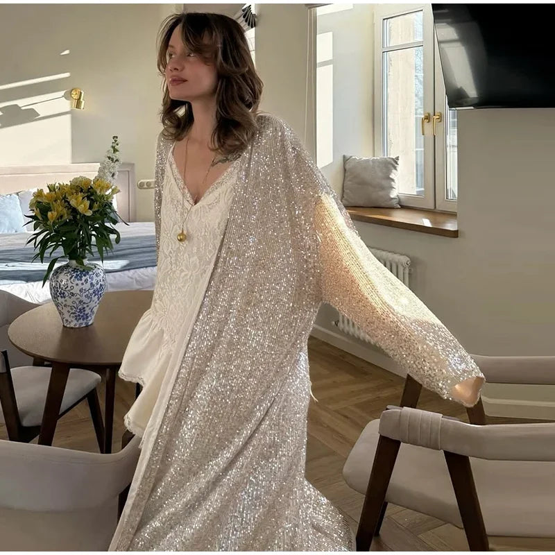 MQTIME  -   Elegant Sequin Women's Cardigan Chic Full Sleeve Oversize Long Jackets Female 2025 Autumn Fashion New Lady High Street Outwears