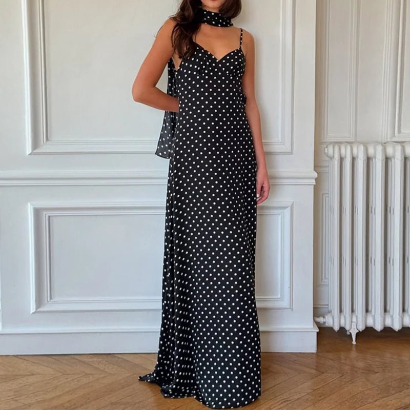 MQTIME  -  Women's French Style Polka Dot Printing Sexy V-neck Camisole Backless Loose Dress Sleeveless Summer Party Gowns