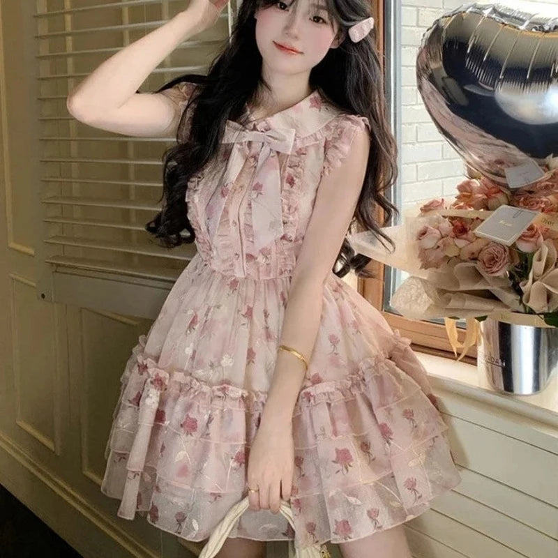 MQTIME  -   Women Floral Mini Dress French Bow Sweet Butterfly Sleeve Ball Gown Dress Summer Elegant O Neck Kawaii Female Cake Dress New
