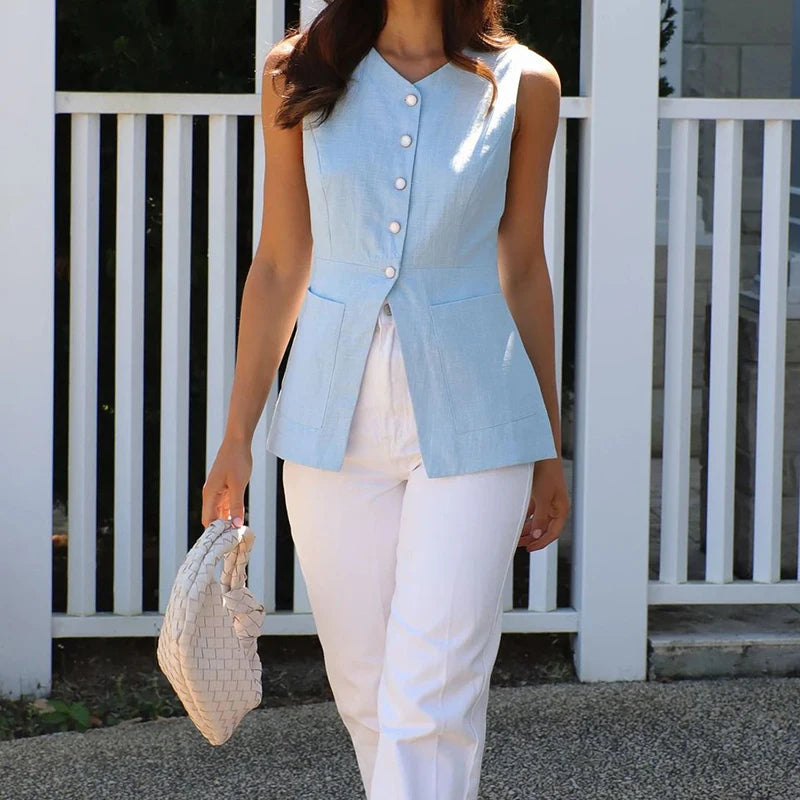 MQTIME  -  Summer Solid Color Sleeveless Vest Office Lady Single Breasted O Neck Open Front Short Tops Leisure Simple Women Pocket Tank Top