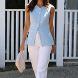 MQTIME  -  Summer Solid Color Sleeveless Vest Office Lady Single Breasted O Neck Open Front Short Tops Leisure Simple Women Pocket Tank Top