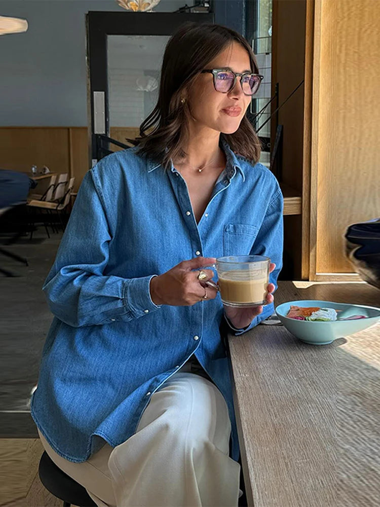 MQTIME  -  Casual Denim Blue Shirt Women Spring Summer Sun Protection Cardigan Solid All-match Shirts With Button Lady Streetwear 2025