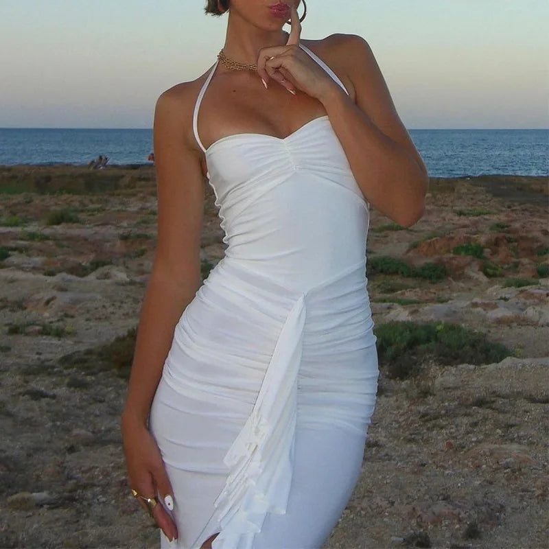 MQTIME  -  Halter Pleated Women's Prom Dress Backless Sleeveless Bandage Gown White Close Fitting Party Skirt Spicy New Arrival In Stock