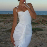 MQTIME  -  Halter Pleated Women's Prom Dress Backless Sleeveless Bandage Gown White Close Fitting Party Skirt Spicy New Arrival In Stock