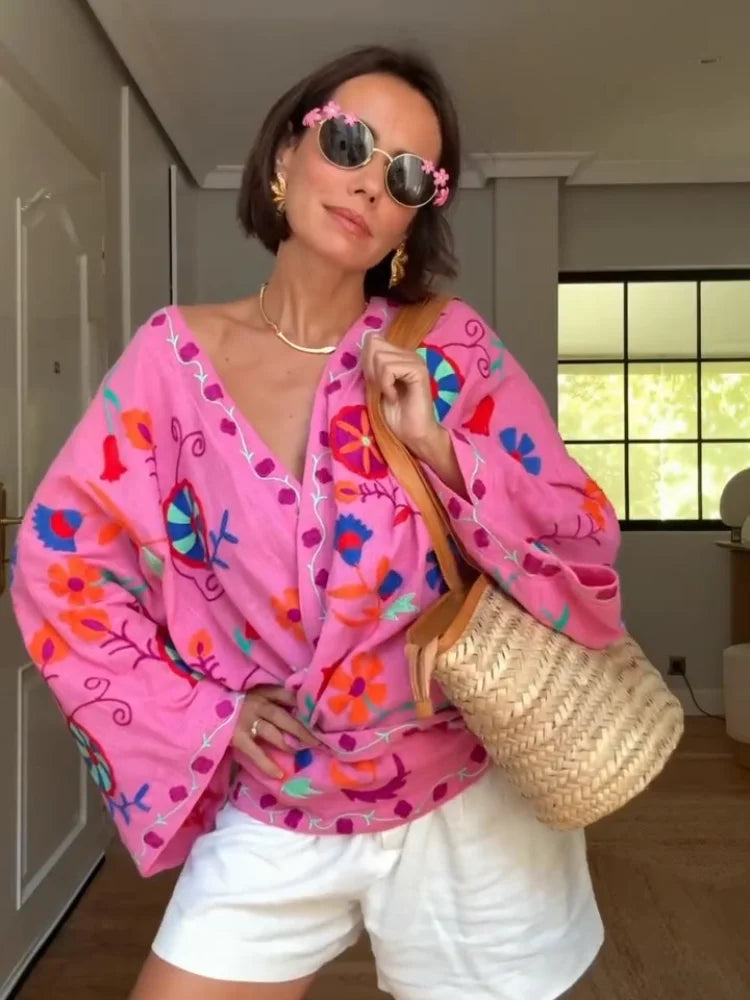 MQTIME  -   Chic Embroidered Print Women's Jacket Fashion V-neck Long Sleeved Lace Up Female Coats Autumn Lady Street New Outerwear