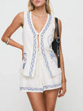 MQTIME  -  Women's Summer Y2K 2 Piece Outfits Set Moon Palm Tree Lac-up V-Neck Sleeveless Vest + Elastic Waist Shorts Loungewear