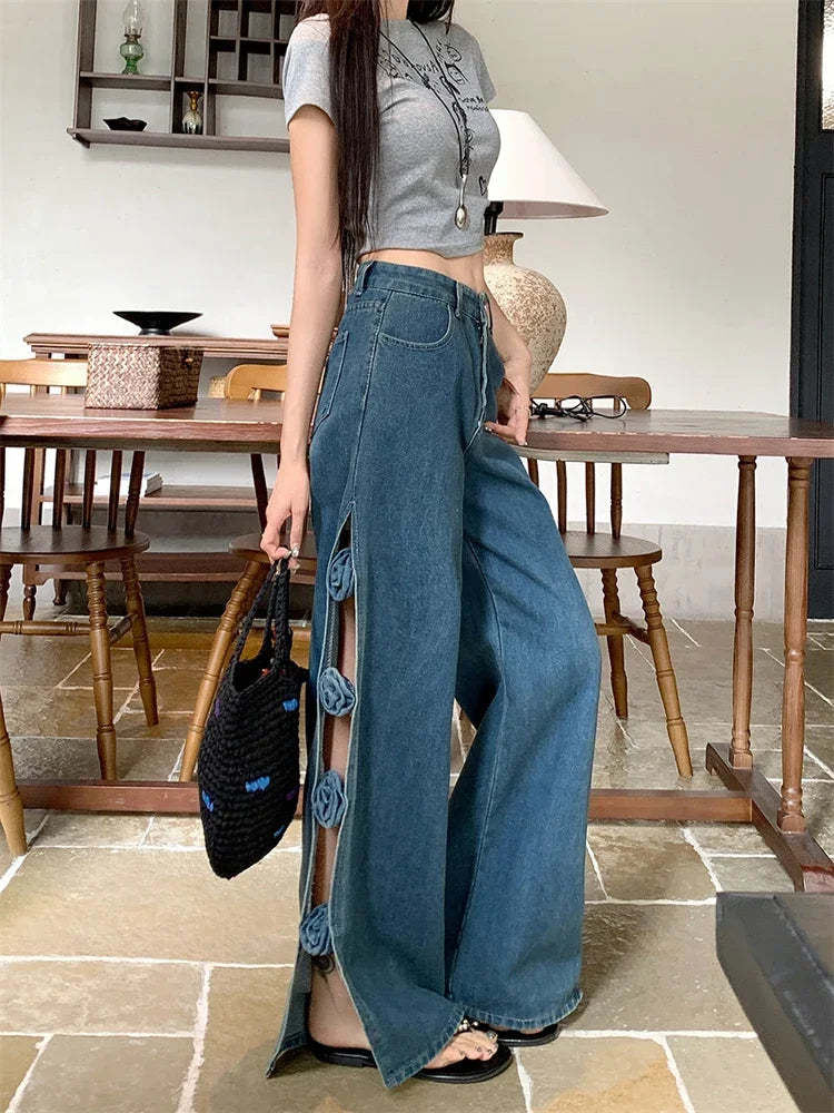 MQTIME  -  3D Floral Hollow Out Women Jeans Split Hotsweet Summer Casual Fashion Full Length Denim Pants Blue Streetwear Loose Trousers
