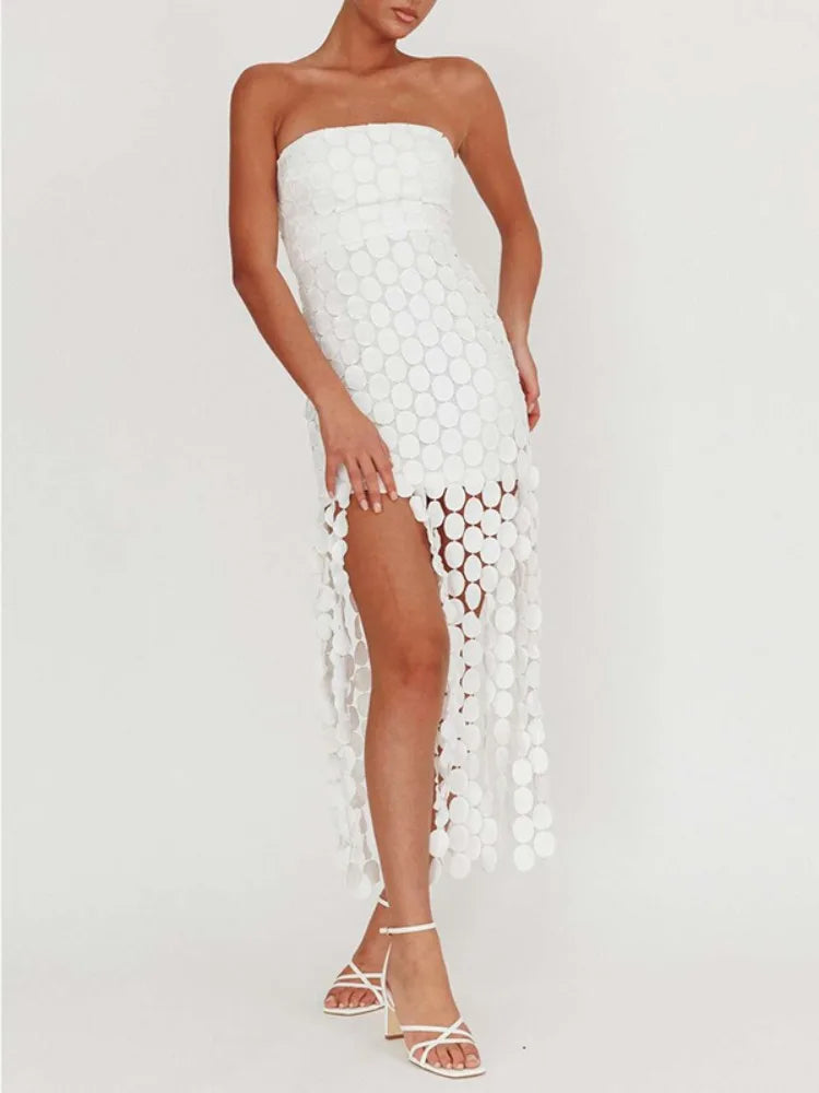 MQTIME  -  Strapless Party Gowns for Women 2025 Summer Sexy Tasseled Bodycon Mini Dress Solid White Skinny Evening Dresses