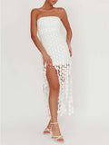 MQTIME  -  Strapless Party Gowns for Women 2025 Summer Sexy Tasseled Bodycon Mini Dress Solid White Skinny Evening Dresses