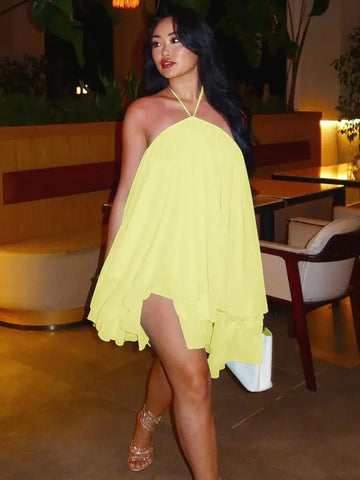 MQTIME  -  Halter Pleated Backless Irregular Mini Dress Women Off Shoulder Sexy Big Swing A-line Holiday Dresses 2025 Summer Party Robe