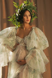 Mqtime Charming Bloom Maternity Dresses for Photo Shoot Sheer Floral Tulle Pregnancy Photography Dress with Detachable Sleeves Custom