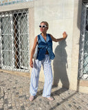 MQTIME  -  Womens Casual Cleanfit Striped Pants Elastic Low Waist Striped/Plaid Loose Aesthetic Trousers Streetwear with Pockets