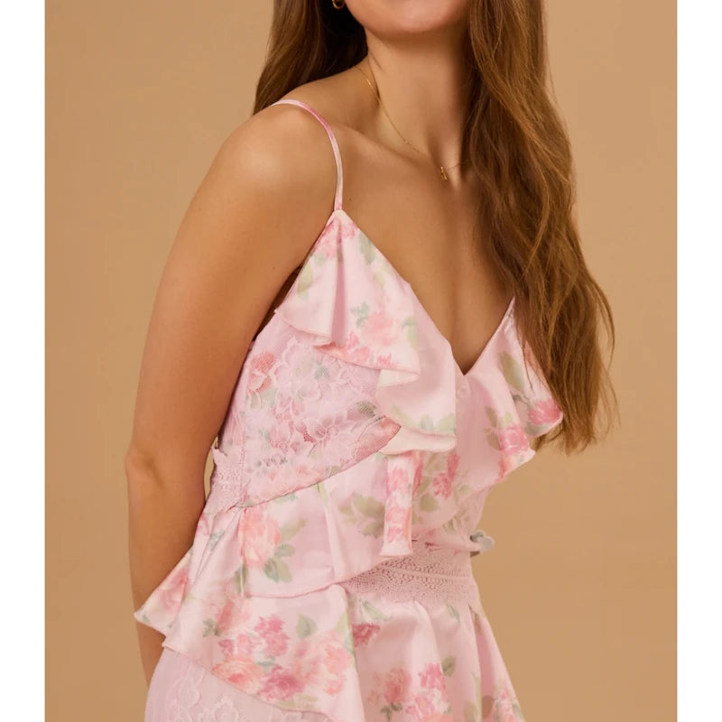 MQTIME  -  Women Floral Print Lace Patchwork Sleeveless V-Neck Backless Irregular Tiered Ruffle Layered A Line Long Slip Dress