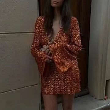 MQTIME  -  Elegant Hollow Out Sequins Short Dresses Fashion Solid Bag Hips Evening Dresses Sexy Deep V-neck Flared Long Sleeve Mini Dresses
