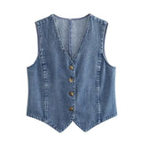 MQTIME  -  Women's Y2K Vintage Denim Waistcoat Sleeveless V-Neck Cropped Vest Tank Tops Button Up Jean Retro Cropped Jackets