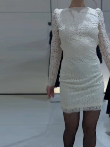 MQTIME  -  Sexy White Lace Full Sleeve Mini Dress Women O-neck Backless Hip Package Slim Waist Cinching Dresses Lady Evening Party Vestidos
