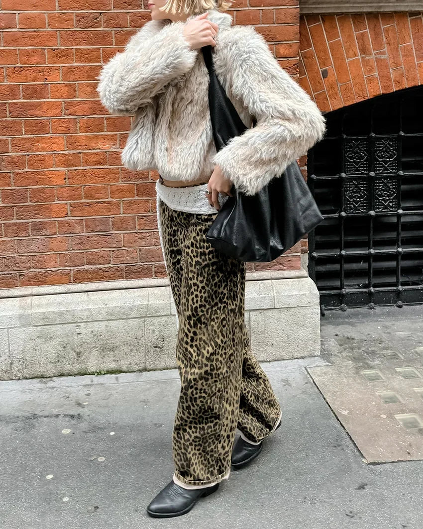 MQTIME  -  Women's Leopard Print High-Waisted Trousers - Button-Fly Wide Leg Pants with Belt Loops, Retro Fall Winter Street Style
