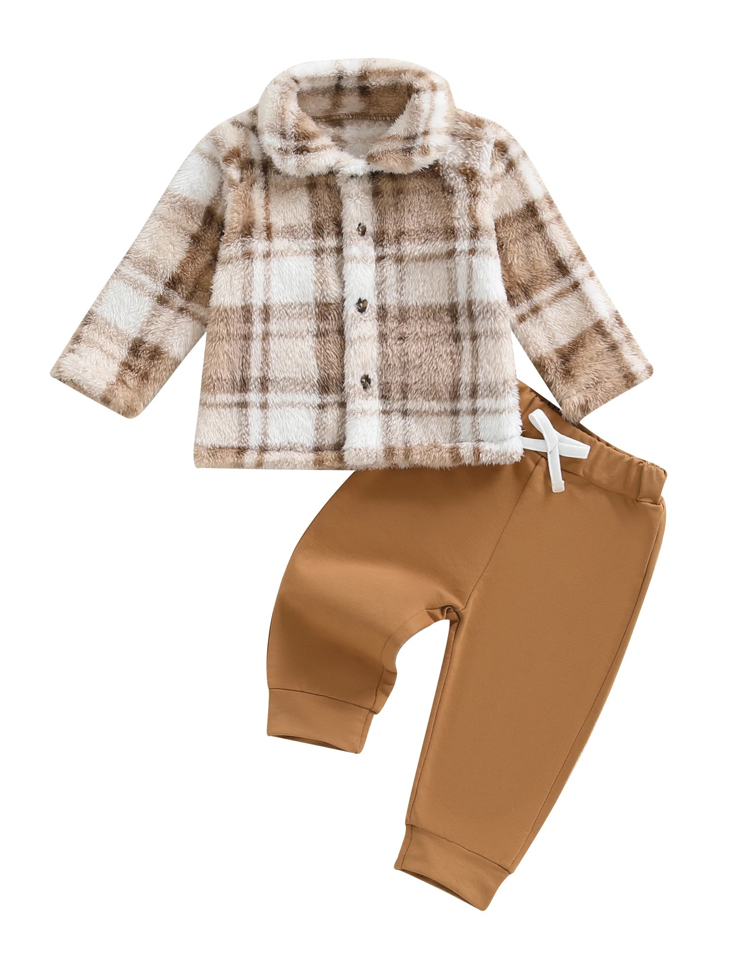 MQTIME  -  Infant Winter Clothes Set Warm Plaid Fleece Lapel Neck Button Down Long Sleeve Shirt and Pants Outfit for Baby Boy