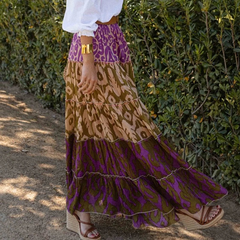 MQTIME  -  Women Elegant Floral Print Pleated Long Skirts Summer Fashion Elastic Waist Loose Chiffon Skirts Casual Ruffled Bohe Party Skirt