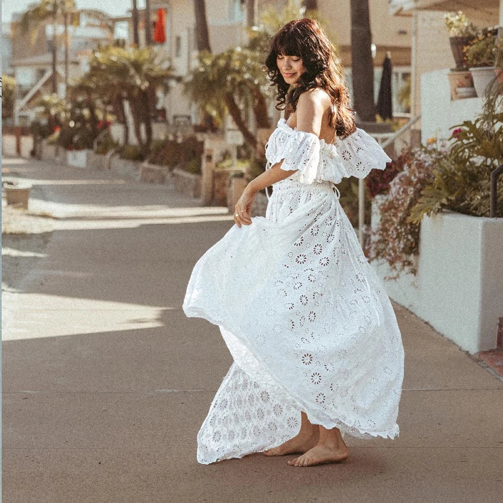 MQTIME  -  Photography Dress For Women White Hollow Cotton One Shoulder Sexy Bohemian Photoshoot Dress Maternity Dresses For Baby Showers