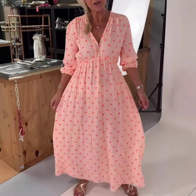 MQTIME  -  Fashion Heart-shaped Print Party Dress Sweet Girl Loose Lantern Sleeve Pleated Evening Dress Casual Simple Women Commute Dress