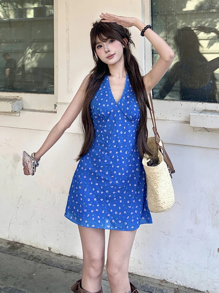 MQTIME  -  Pure Cotton Lace Floral Dress Women Summer Beach Blue V Neck Sexy Mini Dress Sleeveless Halter Casual Vacation Fashion Dress