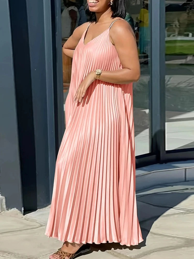 MQTIME  -  Summer High Waist V Neck Casual Sleeveless Dress Pleated Spaghetti Strap Dresses New Relaxed Sexy Maxi Beach Women Dress