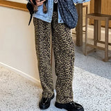 MQTIME  -  Women's Leopard Print High-Waisted Trousers - Button-Fly Wide Leg Pants with Belt Loops, Retro Fall Winter Street Style