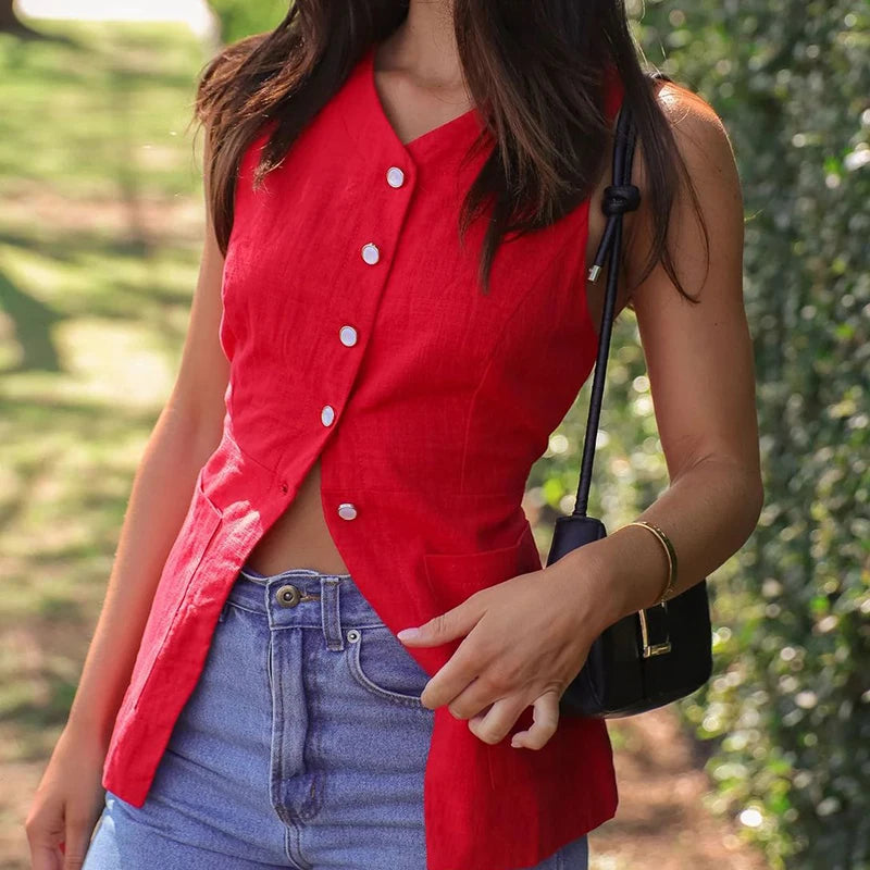 MQTIME  -  Summer Solid Color Sleeveless Vest Office Lady Single Breasted O Neck Open Front Short Tops Leisure Simple Women Pocket Tank Top