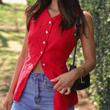 MQTIME  -  Summer Solid Color Sleeveless Vest Office Lady Single Breasted O Neck Open Front Short Tops Leisure Simple Women Pocket Tank Top