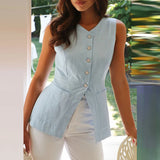 MQTIME  -  Summer Solid Color Sleeveless Vest Office Lady Single Breasted O Neck Open Front Short Tops Leisure Simple Women Pocket Tank Top