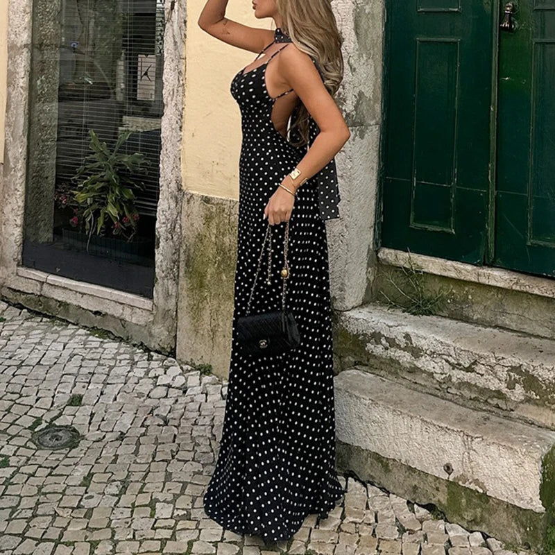 MQTIME  -  Women's French Style Polka Dot Printing Sexy V-neck Camisole Backless Loose Dress Sleeveless Summer Party Gowns
