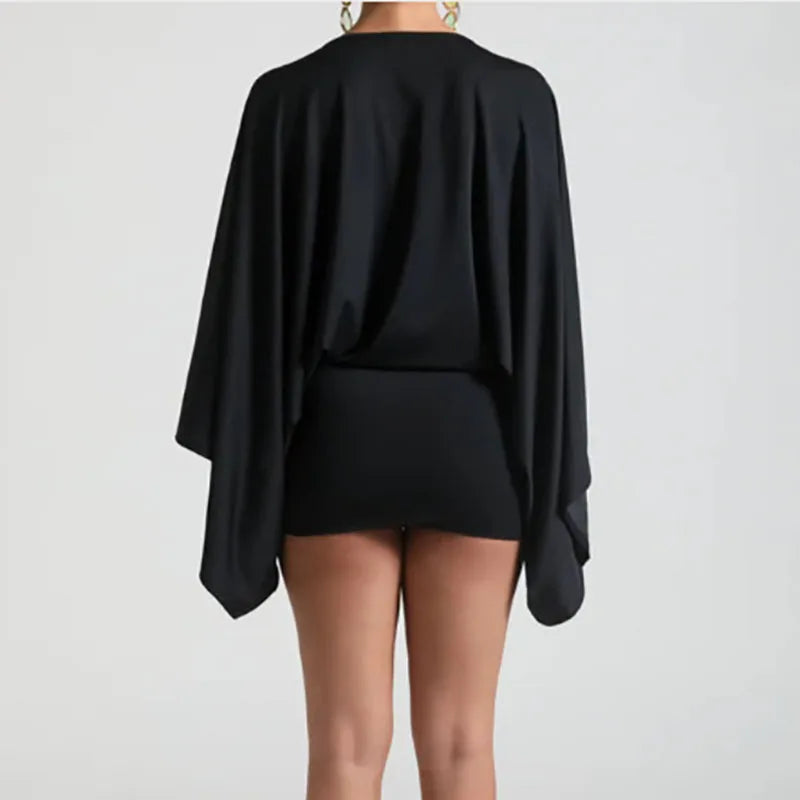 MQTIME  -   Sexy Deep V-neck Hollow Slim Hip Dresses Woman Spring Solid Elegant Commute Lady Dress Autumn Long Sleeve Satin Mini Dress Mujer