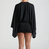 MQTIME  -   Sexy Deep V-neck Hollow Slim Hip Dresses Woman Spring Solid Elegant Commute Lady Dress Autumn Long Sleeve Satin Mini Dress Mujer