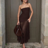 MQTIME  -  Women Sexy Strapless Mesh Patchwork Irregular Hem Party Long Dress Pleated Tight Backless Club Sleeveless Summer Vestidos