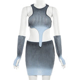 MQTIME  - Gradient Knitted 3 Piece Dress Sets Women Finger Sleeve Cover + Irregular Vests Crop Top + Bodycon Mini Skirts Streetwear Suits