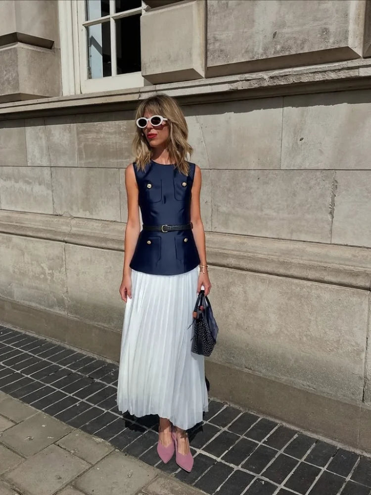 MQTIME  -  Casual Patchwork Pleated Dress Women Office Sashes O-neck Sleeveless Button Dresses Female 2025 Summer Fall Evening Robes Lady