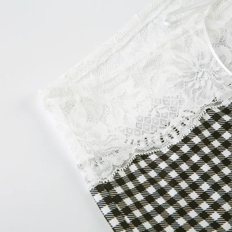 MQTIME  -  New Plaid Lace Flare Pants Sets Patchwork Elegant Women Casual Two Piece Suit Streetwear Sweet Tank Top Autumn Slim Fit Set